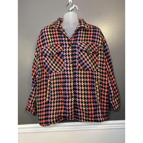 Spoon Jeans Jacket Womens 3X Black Multicolor Houndstooth Shacket Button Front - Picture 1 of 9